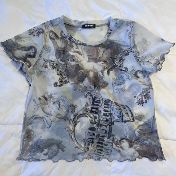 Women’s Medium G Mini Short Sleeve Lettuce Trim Sheer Mesh Graphic Crop Top - Picture 5 of 6